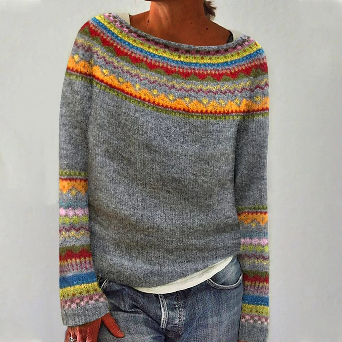 Ernestina Vintage-inspirierter Strickpullover mit bunten geometrischen Mustern Sedore