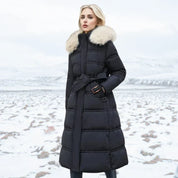 Luxus Lange Winterjacke mit Fellkapuze