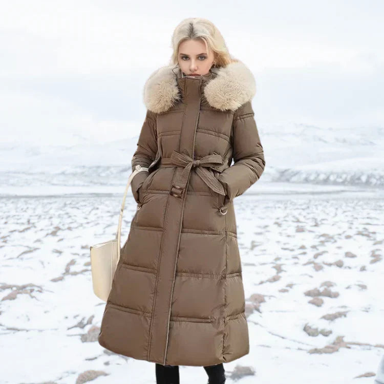 Luxus Lange Winterjacke mit Fellkapuze