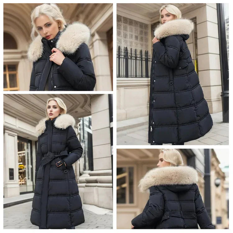 Luxus Lange Winterjacke mit Fellkapuze