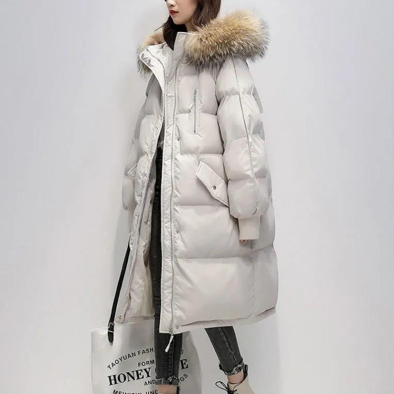 Lange Puffer Winterjacke mit Fell