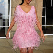 Fringe Quaste Partykleid, ärmellos, V-Ausschnitt