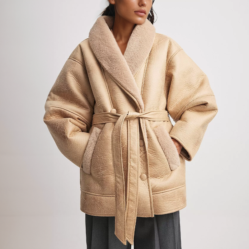 Kunstlederjacke mit Sherpa-Futter und Gürtel